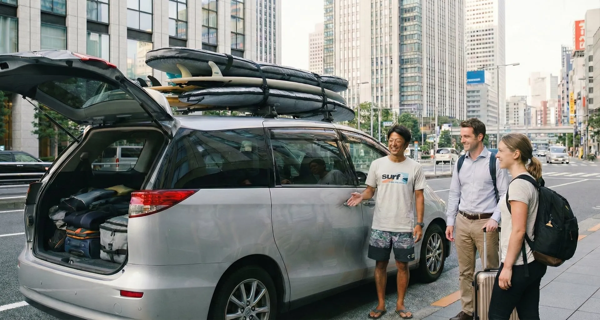 An English-speaking surf guide greeting two travelers beside a minivan loaded with surfboards on a Tokyo street, ready for a surf day trip.